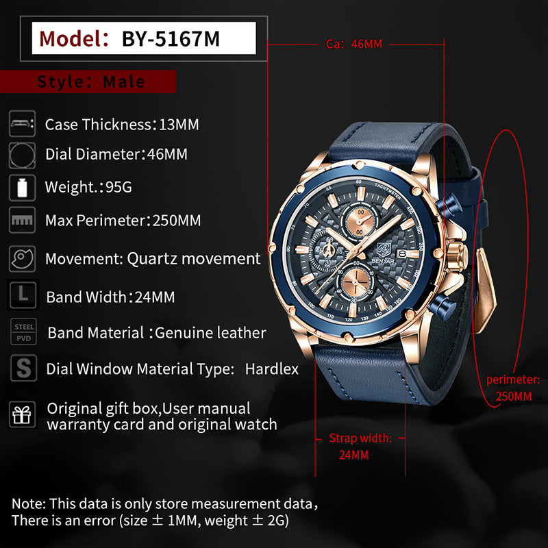 Relógio multifuncional masculino de quartzo